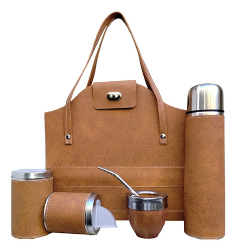 Set Matero Completo Cartera De Lujo Marrón Labrado Termo 1 Litro De Acero Inoxidable Todo Forrado Eco Cuero Excelente !!