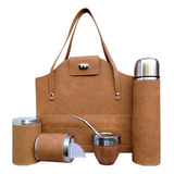 Set Matero Completo Cartera De Lujo Marrón Labrado Termo 1 Litro De Acero Inoxidable Todo Forrado Eco Cuero Excelente !!