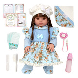 Bebe Reborn Menina Roupa Azul Cabelos Castanhos Npk Doll