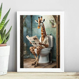 Quadro Banheiro Girafa Lendo Jornal No Vaso 33x24cm - Vidro