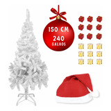 Arvore De Natal 150m Branco Neve 1 Kit Enfeites Brinde Gorro