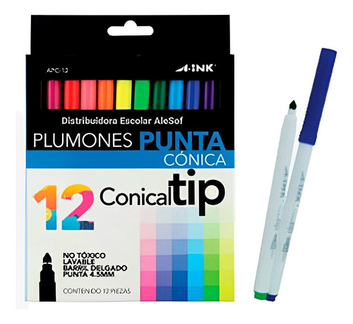 12 Plumones Punta Conica A-ink 4.5mm Colores