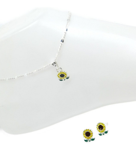 Tobillera De Girasol De 25 Cm De Plata 925 +aretes Gi6