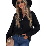 Camisa Mujer Negro Casual De Lino De Manga Larga Ancha Solap