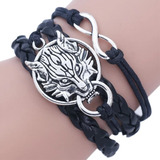 Pulsera Brazalete Lobo Fenrir Cuero Trenzado Joyería Pareja