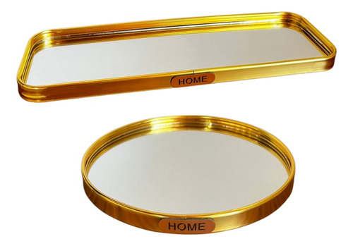Kit Bandeja Decorativa Espelhada Dourada Porta Perfume 2 Pçs