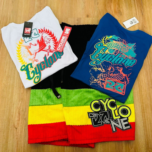 Bermuda Cyclone Veludo Preta Reggae + 2 Camisetas Setas
