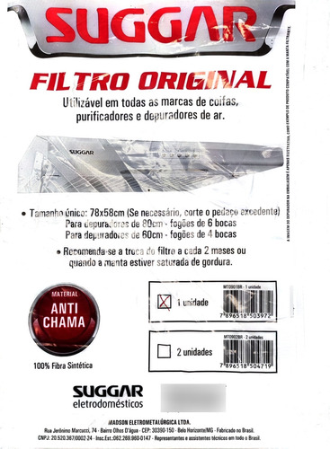 Filtro Manta Depurador Suggar | 78x58cm Original (unitario)