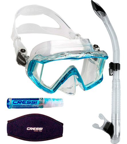 Kit De Mergulho Cressi Pano 3+snorkel Tao+anti Fog+strap Cor Transparente/aquamarine