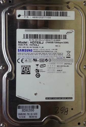 Disco Duro Samsung Hd753lj 750gb 3.5 Sata -862 Recuperodatos