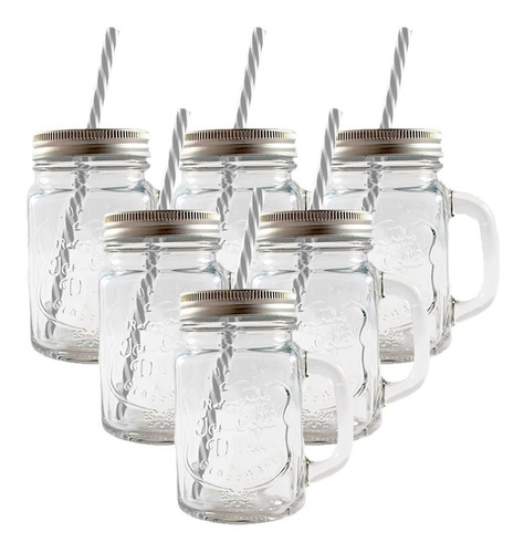 6 Tarros Mason Jar Ice Cold Drink Tapa Y Popote Mayoreo Asa 