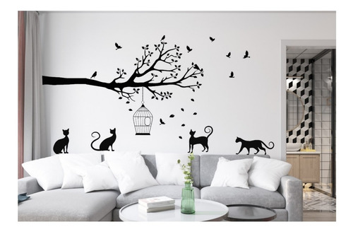 Vinilo Decorativo Árbol Rama Con Jaula Aves Y Gatos Pájaros 