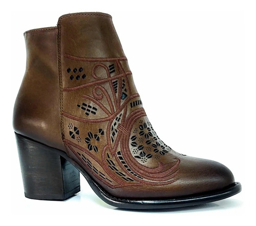 Botín Vaquero Dama Mujer 100% Piel Café Con Detalles Bordado | Envío gratis