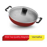 Wok Grande Antiaderente 30cm Vermelha Com Tampa De Vidro