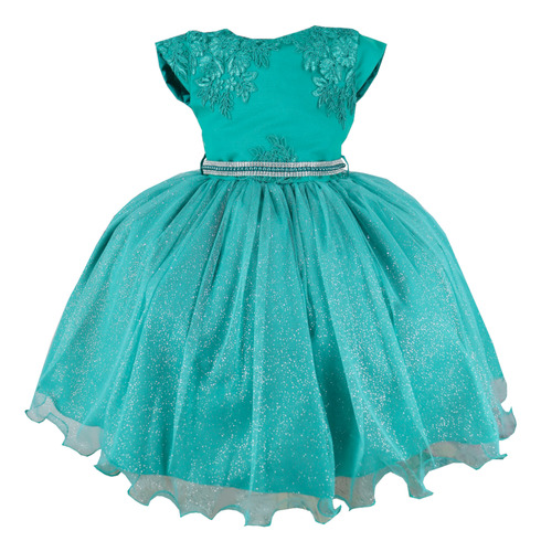 Vestido De Festa Infantil Verde Renda Luxo Glitter Rodado