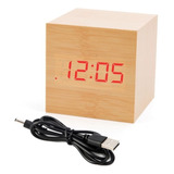 Reloj Digital Despertador Cubo De Madera Luz Led +ju