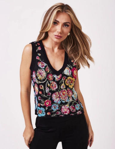 Colete Tricot Flowers - Preto - Tam  P: 38