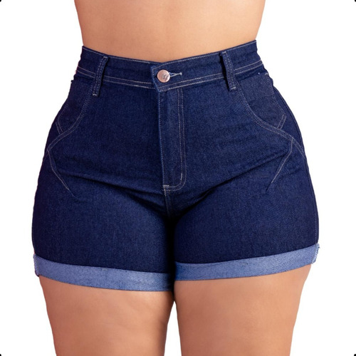 Short Jeans Feminino Plus Size Cintura Alta Com Lycra Azul