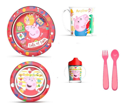 Peppa Pig Combo Set Plato Playo+bowl+vaso+jarro Y Cubiertos 