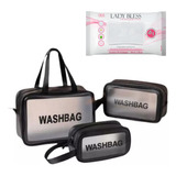 Kit 3 Necessaires Bolsa Transparente + Toalhas Demaquilantes