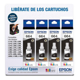 Pack 4 Botellas De Tinta Epson T664 Negra 70ml  Original