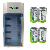 Kit Carregador De Bateria Flex Bivolt + 4 Bat Tipo D Flex