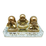 Kit Decoração Trio Budas Dourados Na Bandeja Espelhada 10 Cm