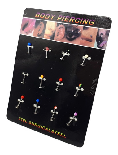 12 Piercing Colores Labret Helix Acero Quirurgico Por Mayor