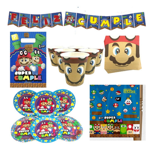 Pack Cumpleaños Super Mario Bros X 12 Cotillón Activarte