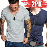 Manga Corta Camisetas Hombre Cuello V Slim Fit Comoda 2 Pcs