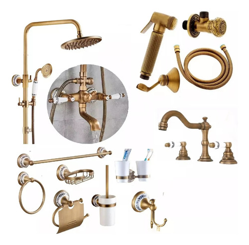 Set Completo Griferia Bronce Antiguo Ducha +bacha+ Bidematic