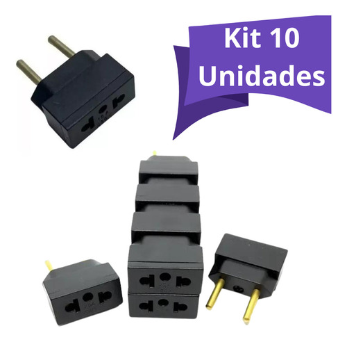 Kit 10 Adaptador Tomada Bipolar Americano Para Brasileiro Pino Chato Pino Redondo Bipolar