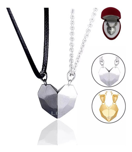 Collar De Amor Corazón Imán Doble + Estuche Pana De Regalo