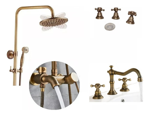 Griferias Bronce Antiguo Bacha 3 + Ducha Pared + Bidet