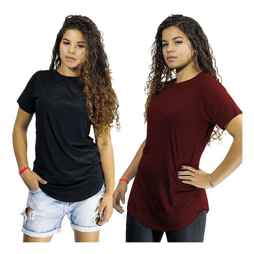 Kit 2 Camisetas Feminina Long Line Blusa Blusinha Alongada