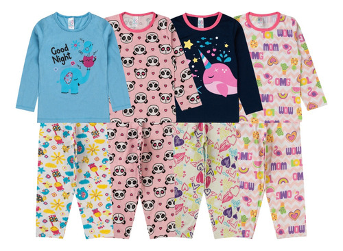 Kit 4 Pijamas Menina Inverno Infantil Frio Feminino Atacado