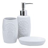 Kit Porta Sabonete Líquido Porcelana Barroco Branco 3 Peças