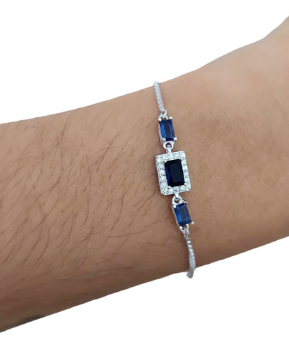 Pulsera Ajustable Plata 925 Con Cubic Baguette Azul