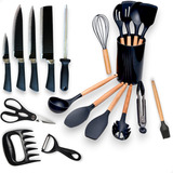 Kit Utensílios Silicone C/ Cabo De Madeira E Facas Em Inox