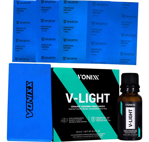 Kit Polimento Farol Lixa Vitrificador V-light 20ml Vonixx