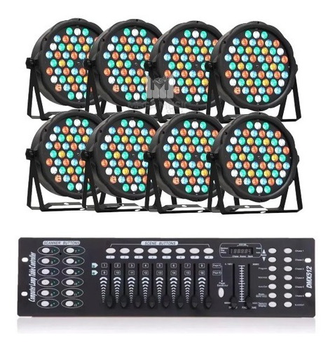 Kit 8 Canhão Refletor Par Led 54 Led 3w Rgbwa Dmx + Mesa Dmx