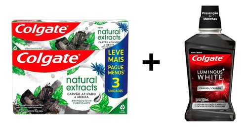 Kit Colgate Natural Carvão 3/pasta + 1/enxaguante 500ml