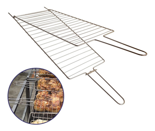 Grill Grelha Reta Kit Com 2 Assado Peixe Frango Linguiça N3 