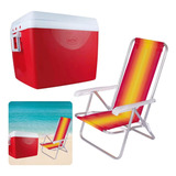 Kit Cooler Vermelho 75 L Alça + Cadeira 4 Posições Pesca