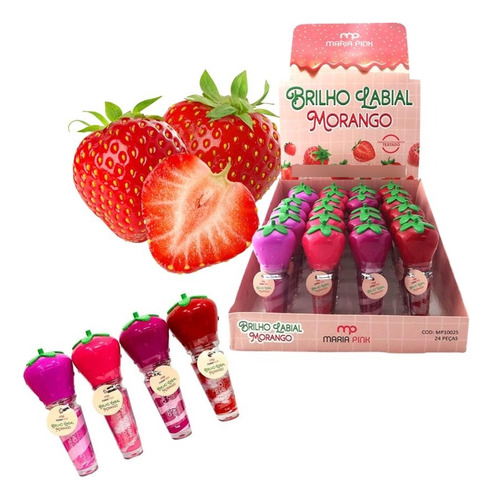 Box Atacado Brilho Labial Infantil Morango Maria Pink 24 Und