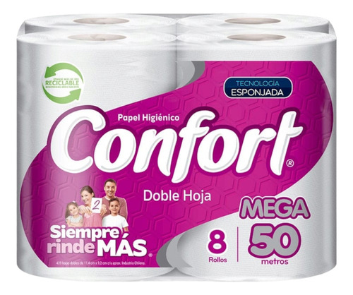 Papel Higiénico Confort 50 Metros 8 Rollos Doble Hoja 