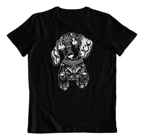 Polera Negra Algodon - Dtf - Perro Salchicha Arte Mandalas