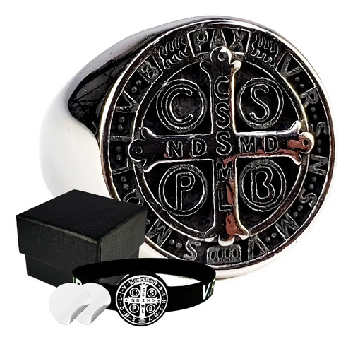 Paquete Protejas Anillo San Benito Divino Acero Inoxidab #10