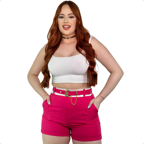 Short Alfaiataria Plus Size Cintura Alta Feminino Com Cinto