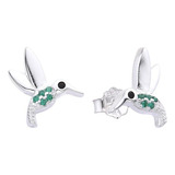 Aros Aritos Colibri Con Piedras Verdes Chicos  De Plata 925